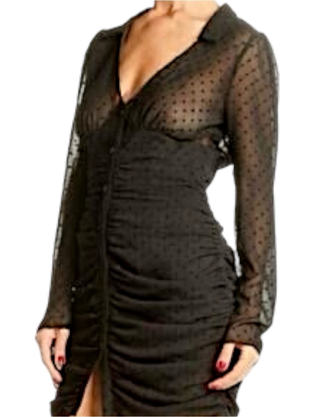 Black Mesh Sheer Swiss Dot Button Down Ruched Long Sleeve Mini Dress NWOT